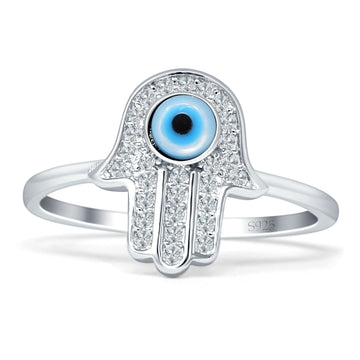 Hand Of Hamsa 13mm Evil Eye Cubic Zirconia Ring 925 Sterling Silver Wholesale